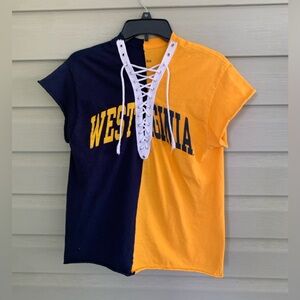 WEST VIRGINIA custom lace up t-shirt Mountaineers blue gold WVU sports sz S EUC
